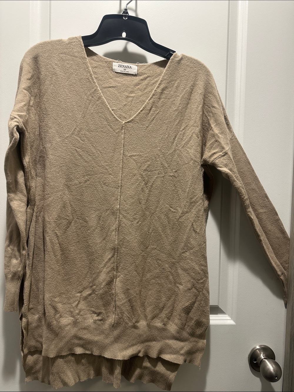 Zenana Outfitters V-Neck Long Sleeve Sweater in Beige